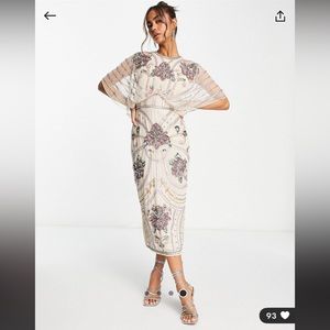 ASOS midi dress blush pink art nouveau embellishment